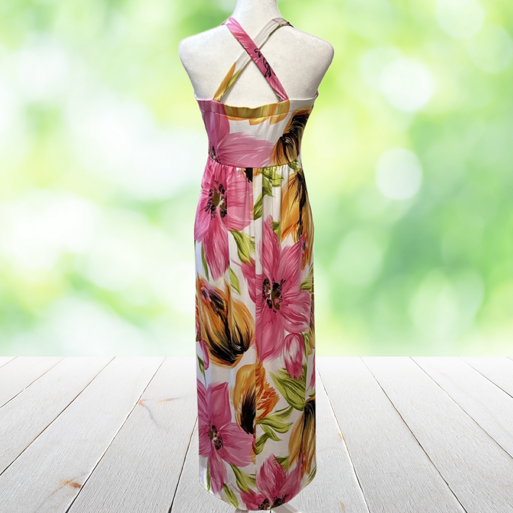 Vintage Y2K KARIN STEVENS Maxi Dress Empire Waist Floral Tropical Resort Size 10 - Picture 11 of 11